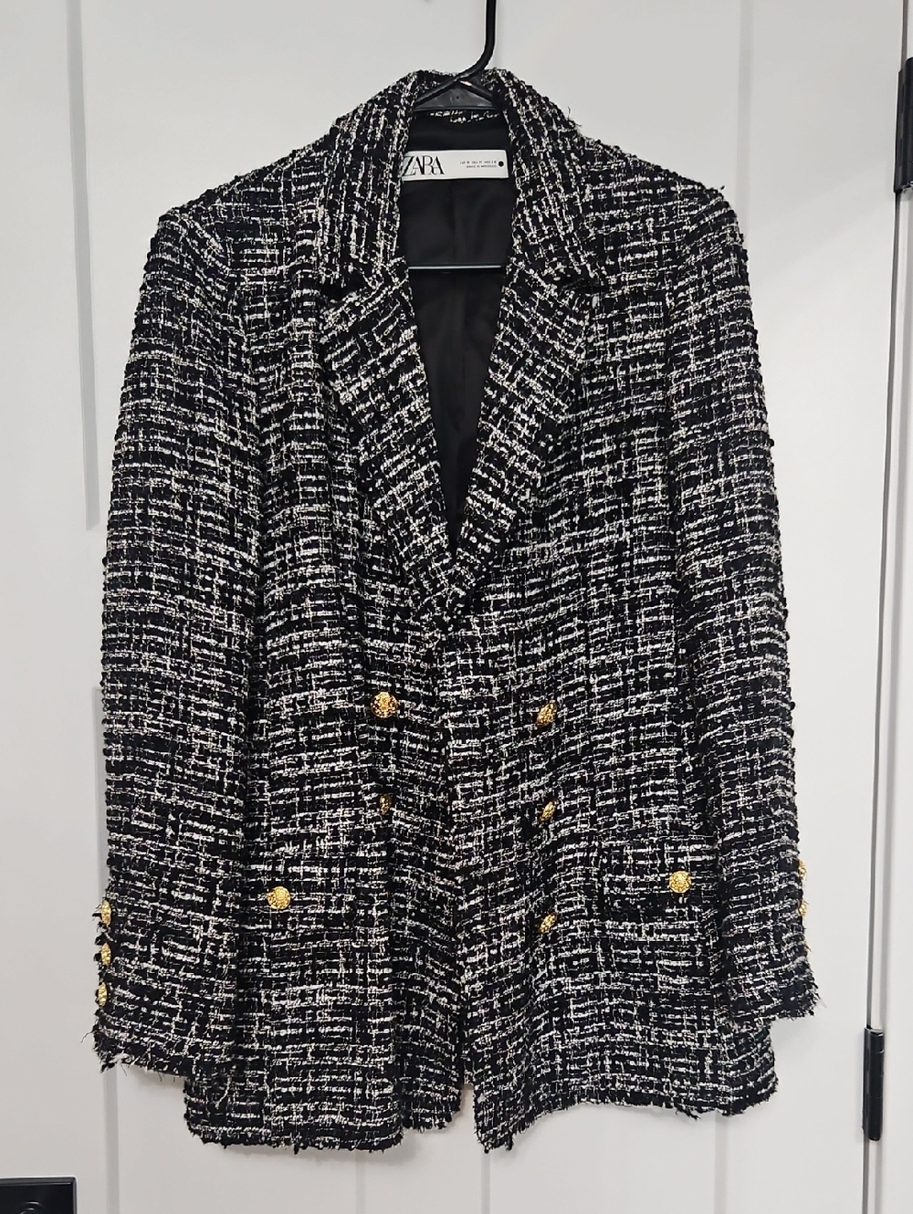 Zara Black & White Tweed Double-Breasted Blazer with Gold Buttons